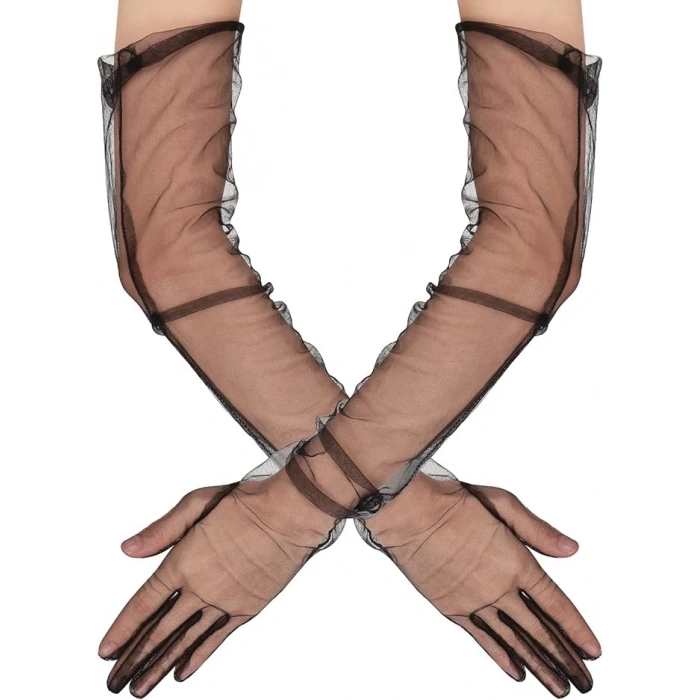 Uzun Boy Likralı Siyah Renk Yetişkin Mega Tül Eldiven 53 Cm