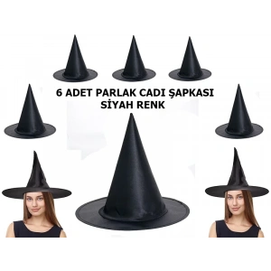 Halloween Siyah Renk Parlak Dralon Cadı Şapkası Yetişkin Ve Çocuk Uyumlu 6 Adet