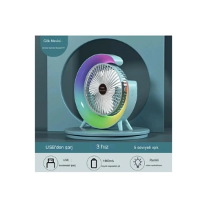 Masaüstü Vantilatör Usb Şarjlı Rgb Led Işıklı 3 Kademeli 180° Ayarlanabilir Soğutucu Fan Mavi