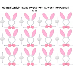 Pembe Tavşan Kostüm Seti – Taç, Papyon, Ponpon (12’li Paket)