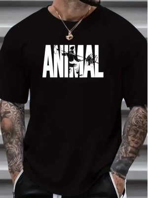 ANIMAL Desen Baskı Erkek Oversive Tişört, Grafik Tişört Erkek Yazlık Outdoor Kıyafetleri, Sporda ve Günlük Giyime Uygun  - Siyah