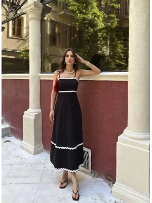 Askılı Uzun Şerit Detaylı Şık ve Rahat Elbise - Siyah