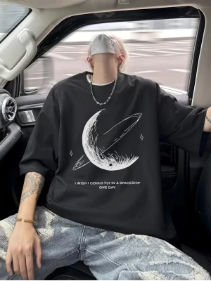 Erkekler için Siyah Tişört Grafik Genç Emo Vintage Gotik Rahat Büyük Beden Kısa Kollu Tişört Giysi Üst- Siyah