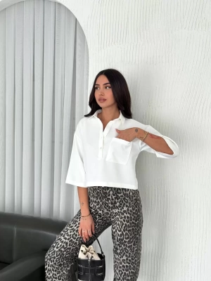 Z Krep Kadın Crop Yakalı Gömlek İlik Düğmeli Üç Çeyrek Sleeve Kol - Beyaz