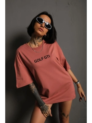Kadın Sırt Golf Gtı Baskılı Oversize T-shirt - Gül Kurusu