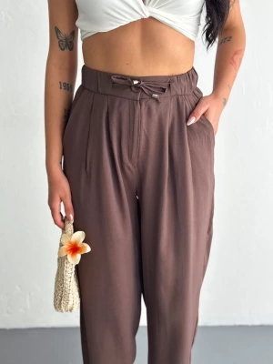 Tencel Kadın Yüksel Bel Rahat Boru Paça Pantalon - Kahverengi