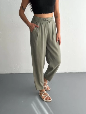 Tencel Kadın Yüksel Bel Beli Bağcıklı Cepli Rahat Paça Pantalon - Su Yeşili
