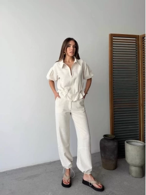 Keten Tam Fermuarlı Kısa kollu Gömlek Pantolon ikili Takım - Beyaz
