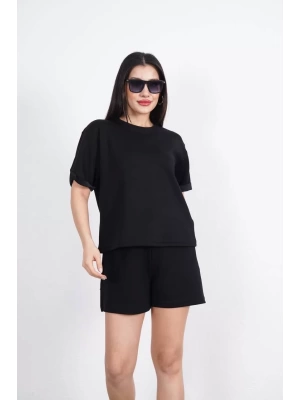 Osy Modal yumuşak dokulu Kumaş Kadın Bisiklet Yaka T-shirt Kısa Şort İkili Takım - Siyah