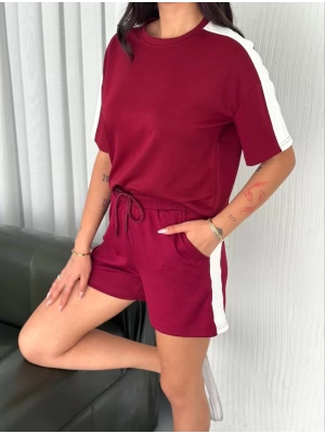 Osy Modal yumuşak dokulu Kumaş Kadın Parçalı Bisiklet Yaka T-shirt Kısa Şort İkili Takım -  Bordo