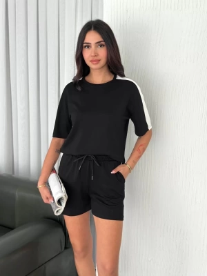 Osy Modal yumuşak dokulu Kumaş Kadın Parçalı Bisiklet Yaka T-shirt Kısa Şort İkili Takım - Siyah