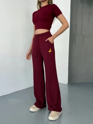 Osy Modal Yumuşak Dokulu Kumaş Nakış işlemeli Rahat Bol Paça Eşofman Pantalon - Bordo