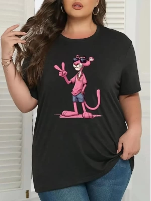 Pembe Panter Baskılı Oversize Bisiklet Yaka T-shirt - Beyaz