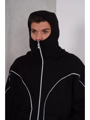 Samuray Kapşonlu ZIP Fermuarlı Çift Kapşonlu Reflektörlü SweatShirt - Siyah