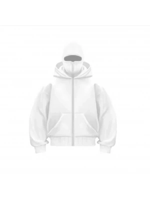 Samuray ZIP Fermuarlı Kapüşonlu SweatShirt- Beyaz