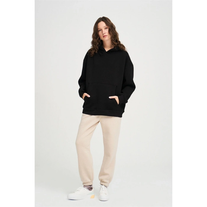 Unisex Siyah Basic Penye Üç Iplik Şardonlu Sweatshirt