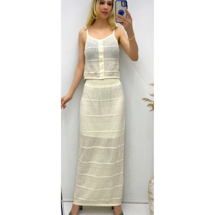 Kadın Triko Takım Astarlı Uzun Etek Ve Askılı Bluz