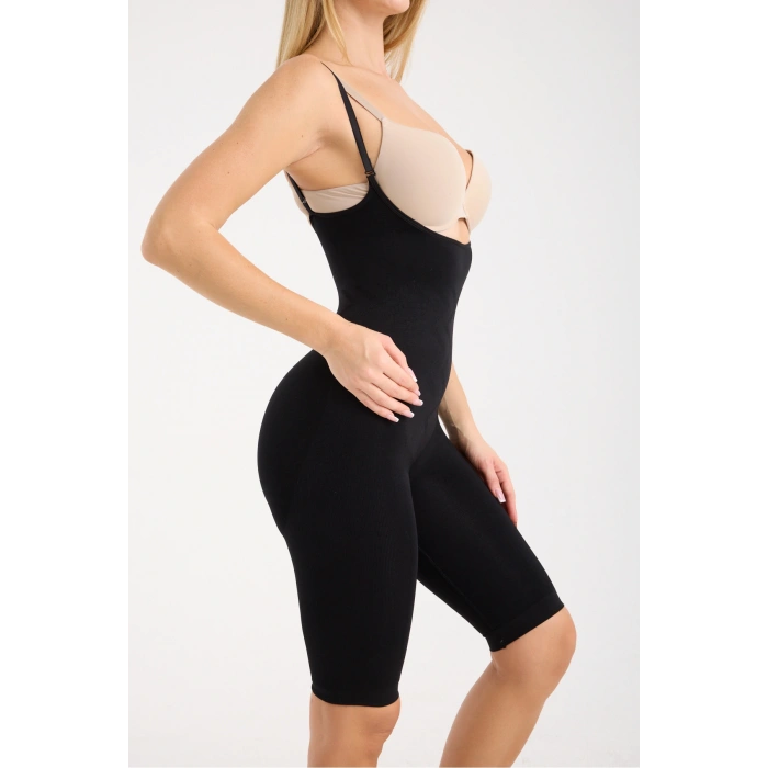 Anında 2 Beden İncelten Tam Boy Göğüs Altı Askılı Şort Korse Tayt