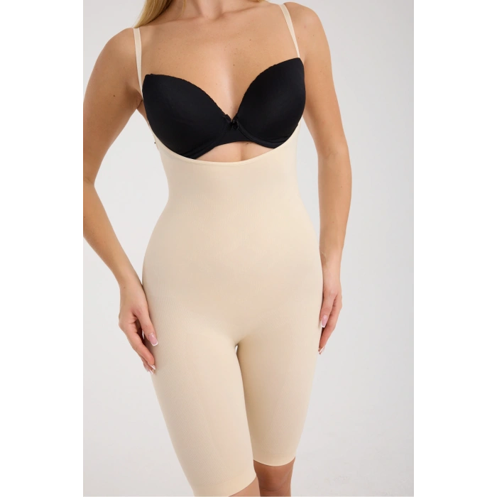 Anında 2 Beden İncelten Tam Boy Göğüs Altı Askılı Şort Korse Tayt