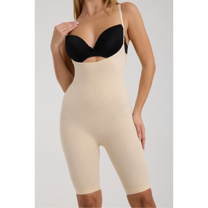 Anında 2 Beden İncelten Tam Boy Göğüs Altı Askılı Şort Korse Tayt