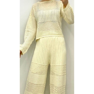 Kadın Ajurlu Triko Takım Astarlı Pantolon Ve Bluz