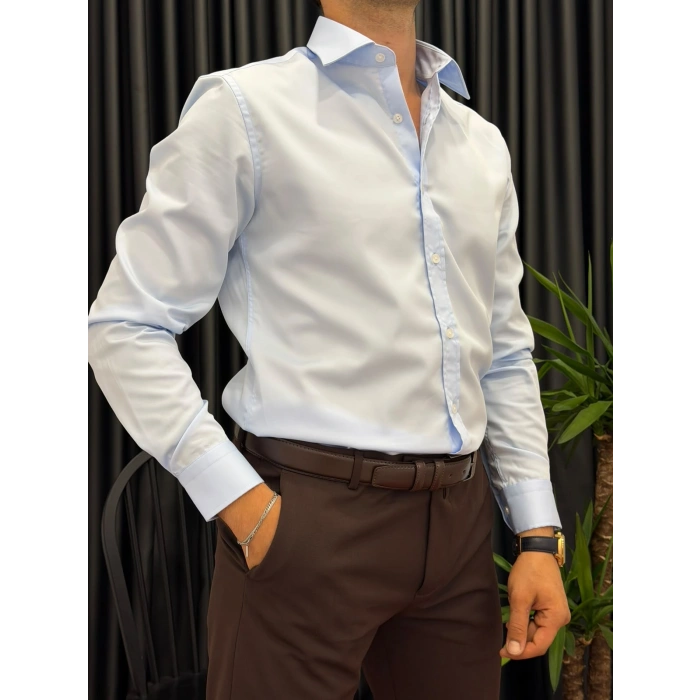 BUZ MAVİ SLİM FİT PAMUK SATEN GÖMLEK