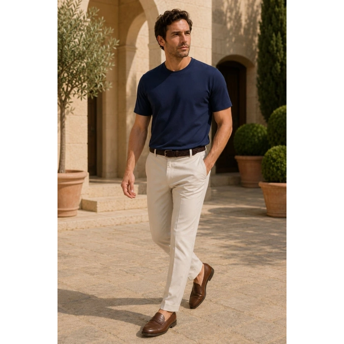 Erkek Merserize Kumaş Slim Fit T-Shirt Lacivert
