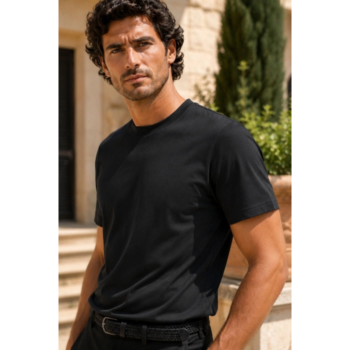Erkek Merserize Kumaş Slim Fit T-Shirt Siyah
