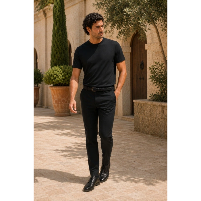 Erkek Merserize Kumaş Slim Fit T-Shirt Siyah