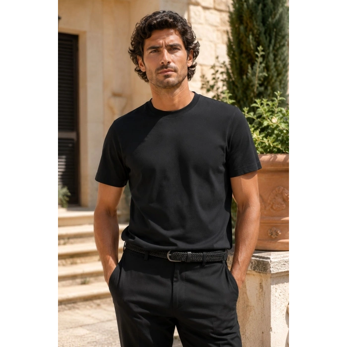 Erkek Merserize Kumaş Slim Fit T-Shirt Siyah