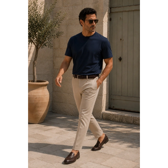 Erkek Merserize Kumaş Slim Fit T-Shirt Lacivert