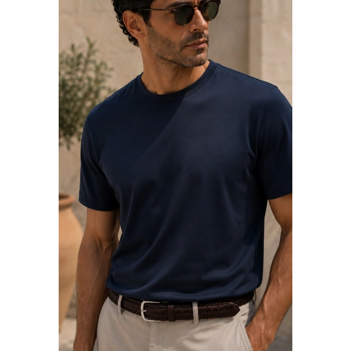 Erkek Merserize Kumaş Slim Fit T-Shirt Lacivert