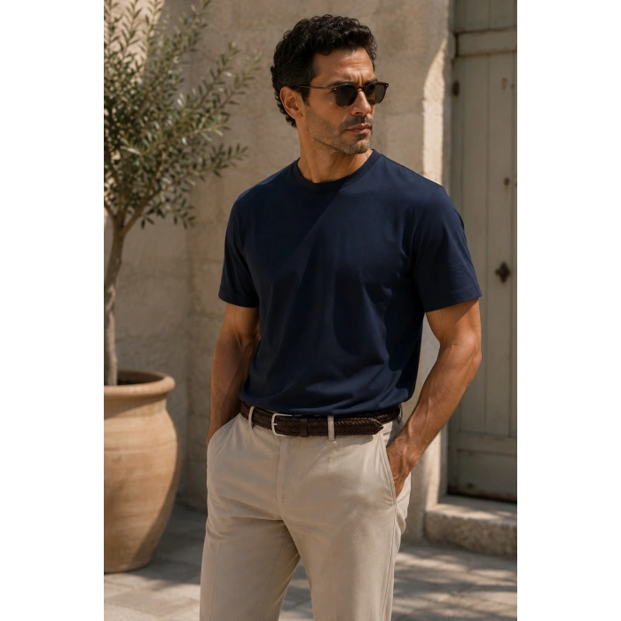 Erkek Merserize Kumaş Slim Fit T-Shirt Lacivert