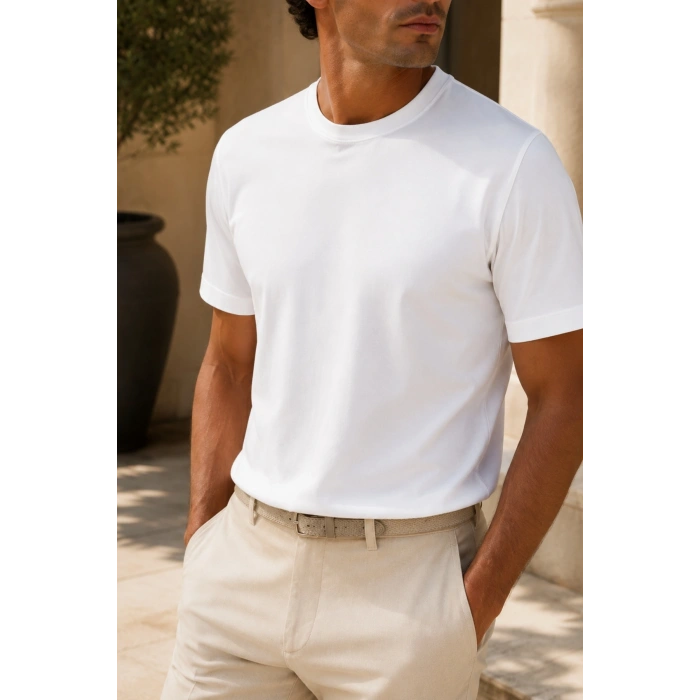 Erkek Merserize Kumaş Slim Fit T-Shirt Beyaz