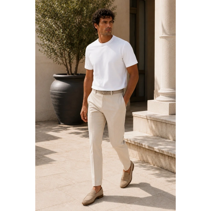 Erkek Merserize Kumaş Slim Fit T-Shirt Beyaz