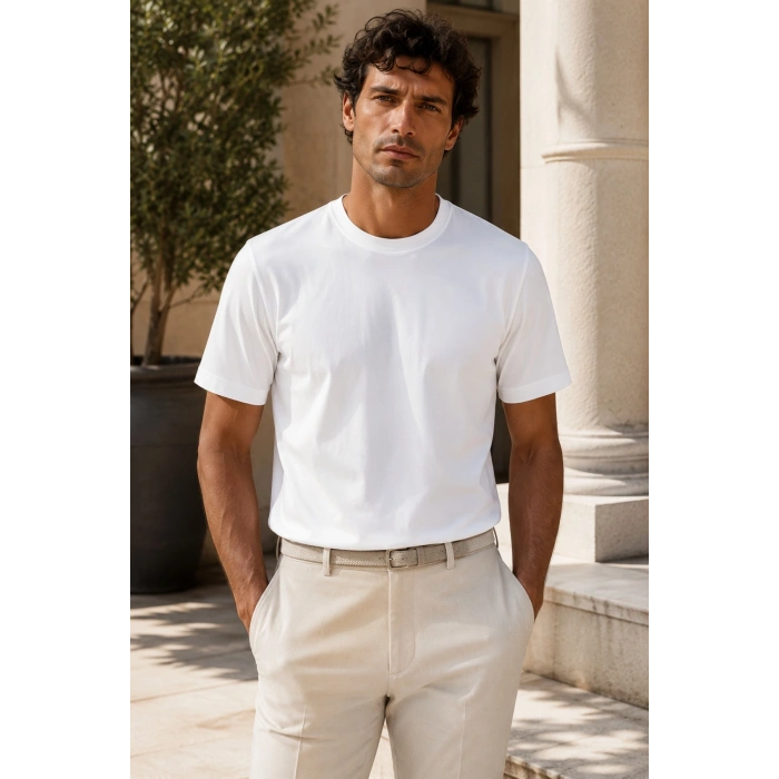 Erkek Merserize Kumaş Slim Fit T-Shirt Beyaz