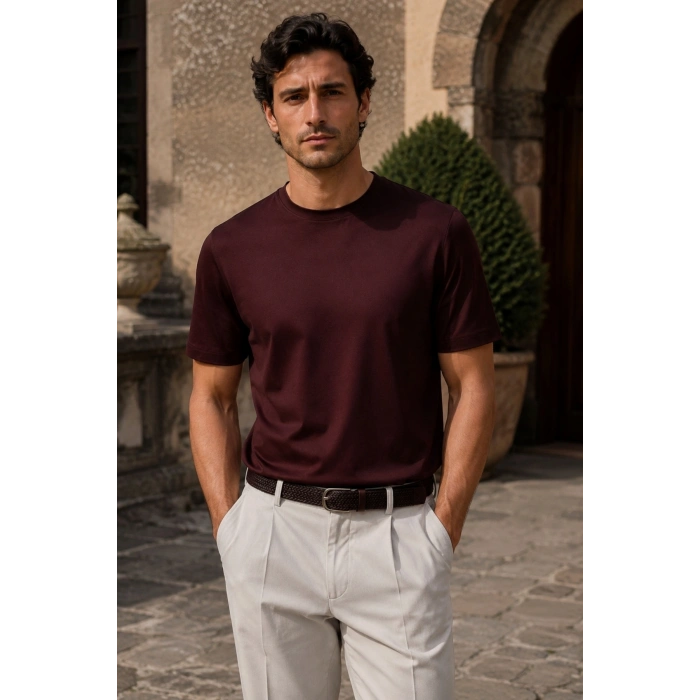 Erkek Merserize Kumaş Slim Fit T-Shirt Bordo