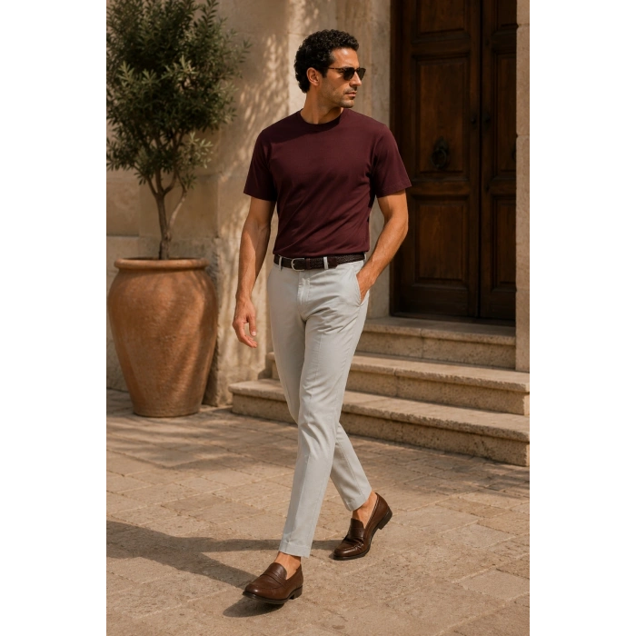 Erkek Merserize Kumaş Slim Fit T-Shirt Bordo