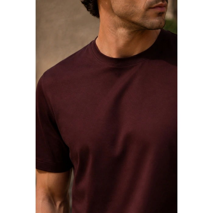 Erkek Merserize Kumaş Slim Fit T-Shirt Bordo