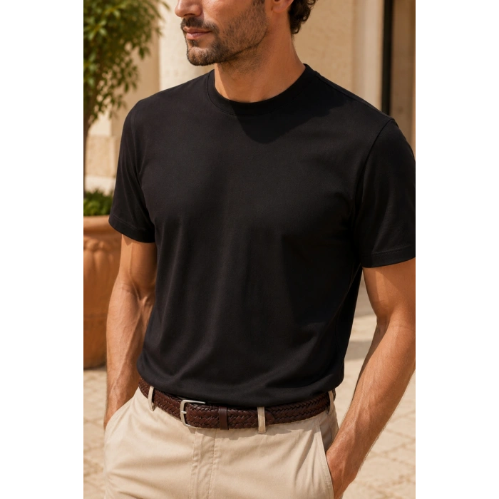 Erkek Merserize Kumaş Slim Fit T-Shirt Siyah