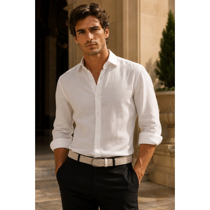 Erkek Tensel Kumaş Slim Fit Uzun Kollu Gömlek