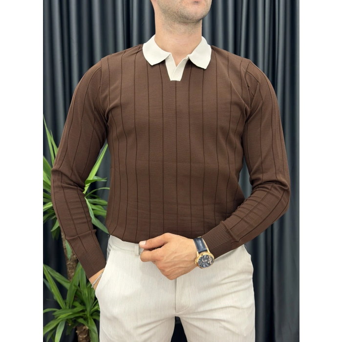 KREM DETAYLI POLO YAKA KAHVERENGİ