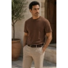Erkek Merserize Kumaş Slim Fit T-Shirt Kahverengi