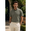 Erkek Pike Kumaş Düğme Detaylı Polo Yaka Tişört Haki