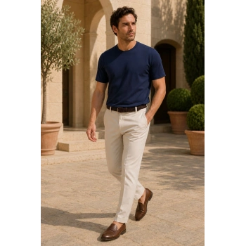 Erkek Merserize Kumaş Slim Fit T-Shirt Lacivert