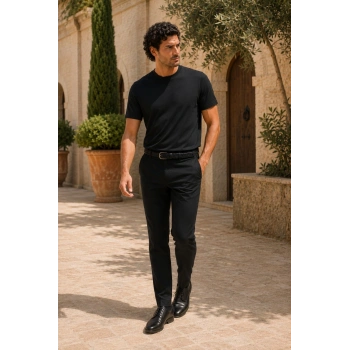 Erkek Merserize Kumaş Slim Fit T-Shirt Siyah