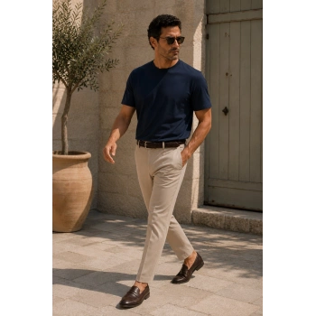 Erkek Merserize Kumaş Slim Fit T-Shirt Lacivert