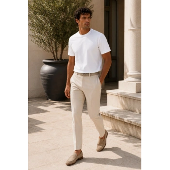 Erkek Merserize Kumaş Slim Fit T-Shirt Beyaz