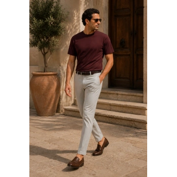 Erkek Merserize Kumaş Slim Fit T-Shirt Bordo