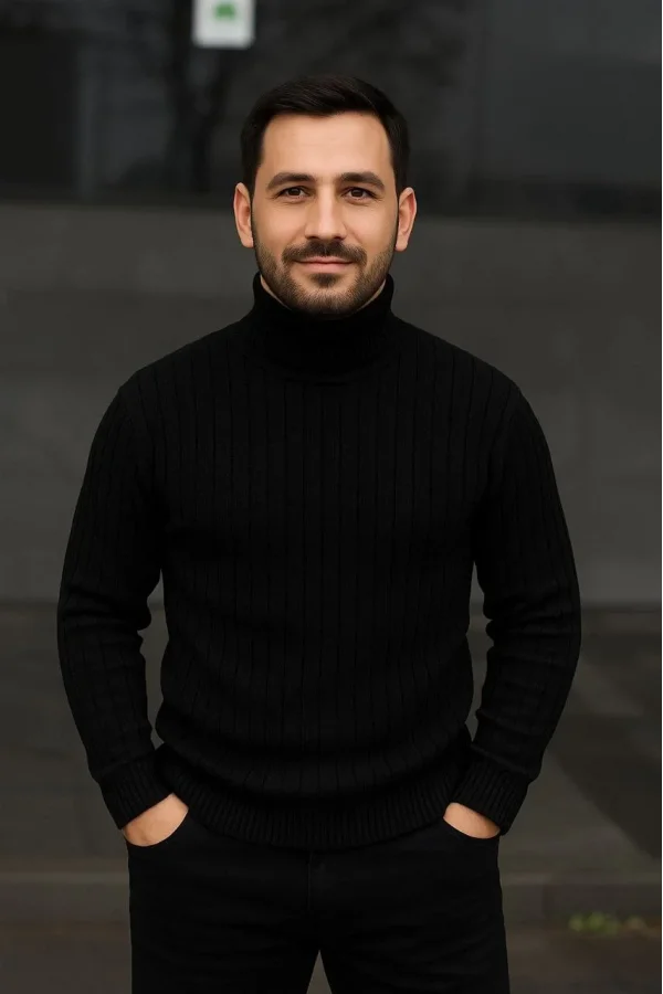 Erkek Balıkcı Yaka Bağazlı Triko Kazak Pamuklu Kalın Fitilli Dokuma, Regular Fit Uzun Kollu Kışlık Model - Siyah